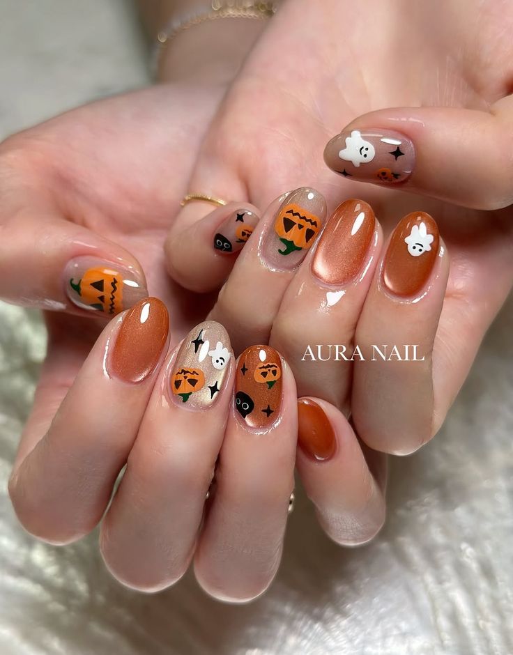 Mẫu nail Halloween bí ngô tươi tắn (Pumpkin Art)