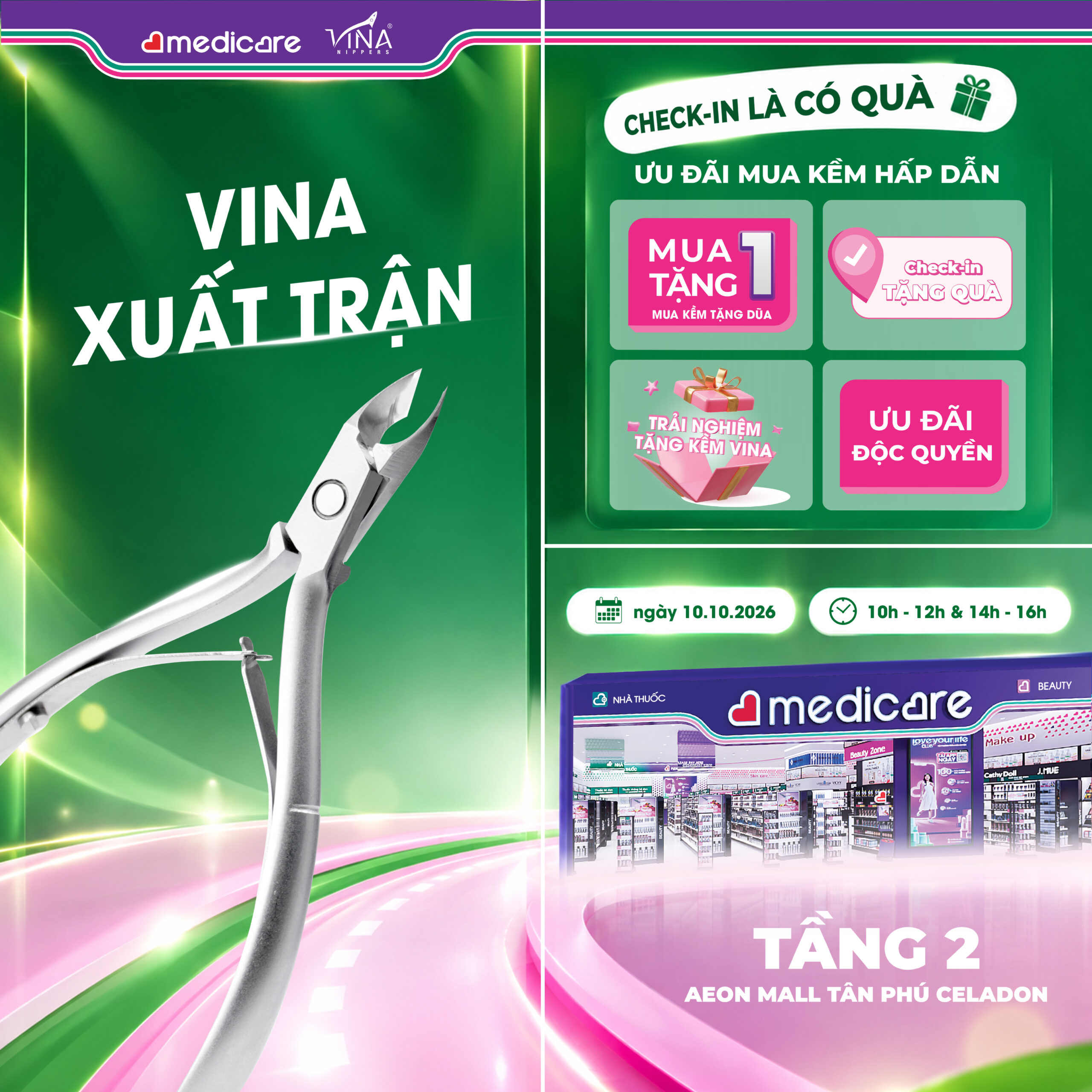 Kềm Vina x Medicare ngày 10/10/2026: Vina Xuất Trận, check-in có quà tại AEON Mall Tân Phú